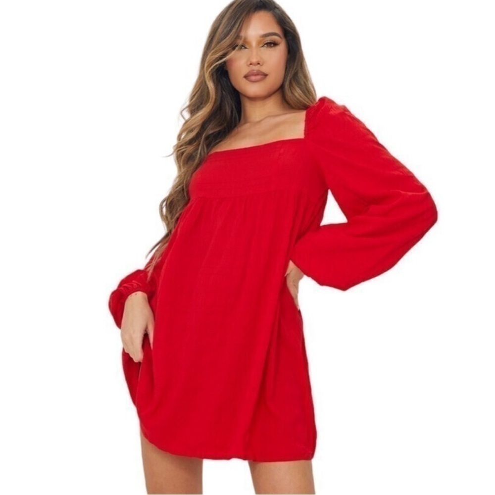 Pretty Little Thing Red Square Neck Puff Sleeve Smock Dress Size 10 NWT